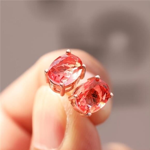 OVAL Cut Pink Yellow Bi-colored Tourmaline Natural Gemstone Stud Earrings - Picture 2 of 9